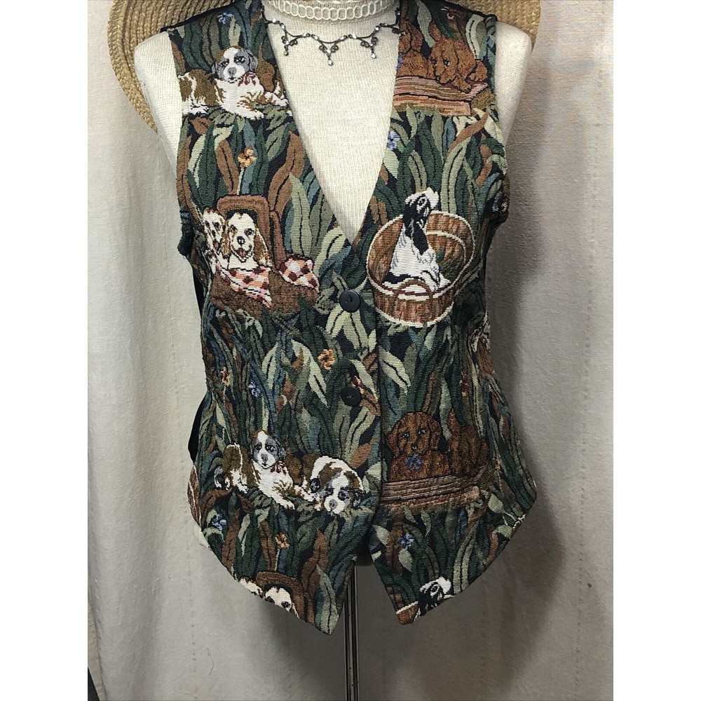 CABIN CREEK Vest Tapestry Puppy Dog Equestrian Hunting Size Med Petite Women's - Picture 1 of 15